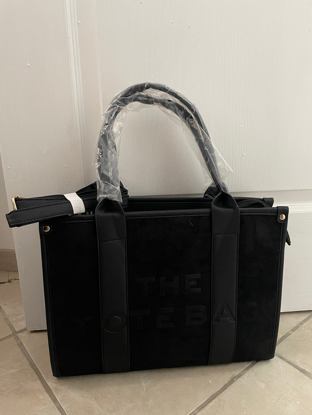 SAC TOTE BAG BI-MATIÈRE NOIR AVEC BANDOULIÈRE