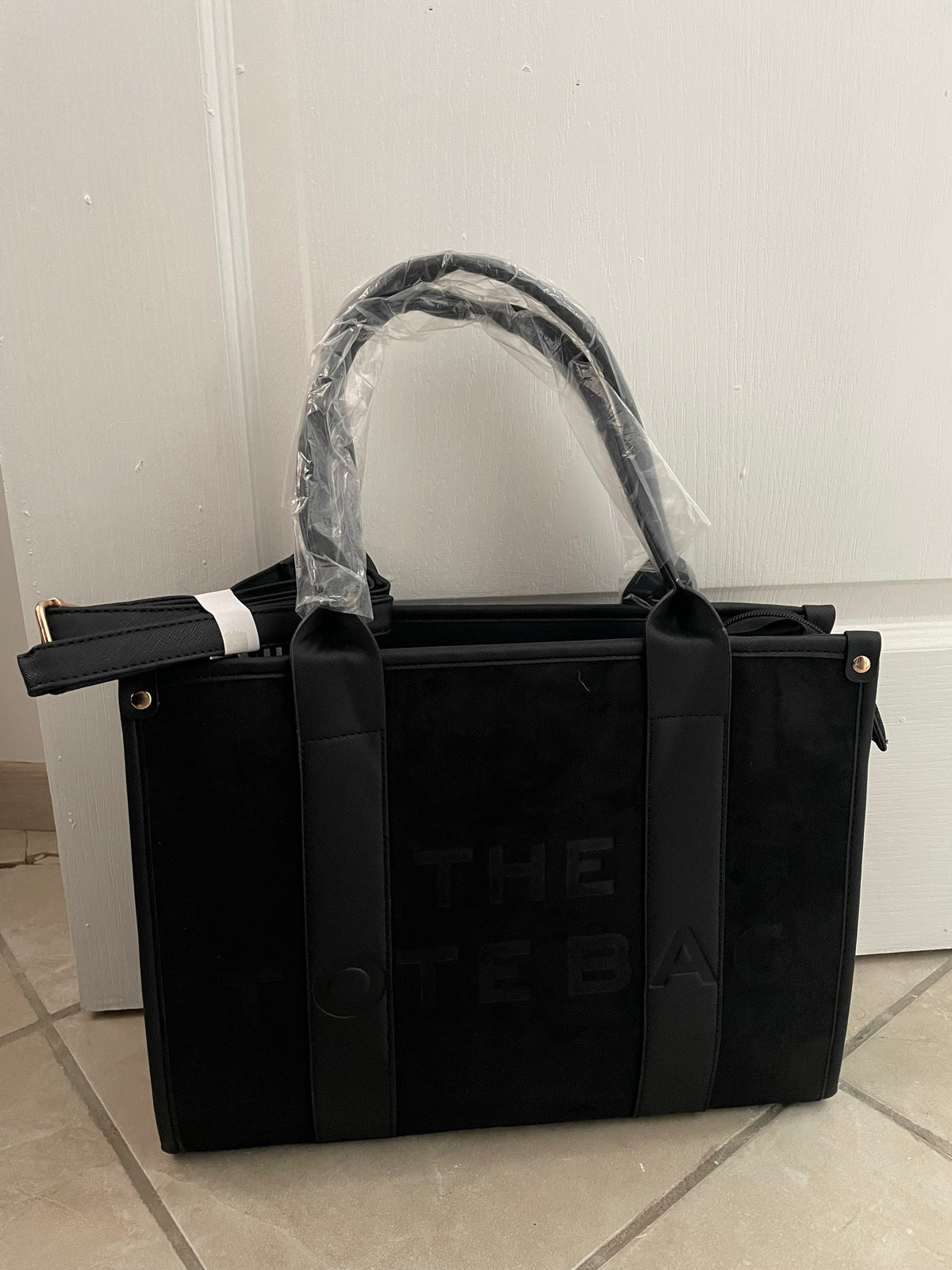 SAC TOTE BAG BI-MATIÈRE NOIR AVEC BANDOULIÈRE