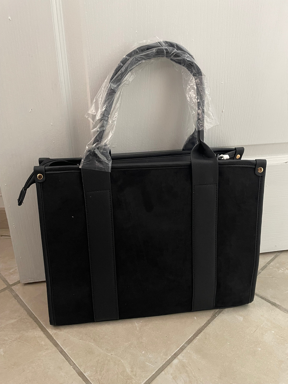 SAC TOTE BAG BI-MATIÈRE NOIR AVEC BANDOULIÈRE